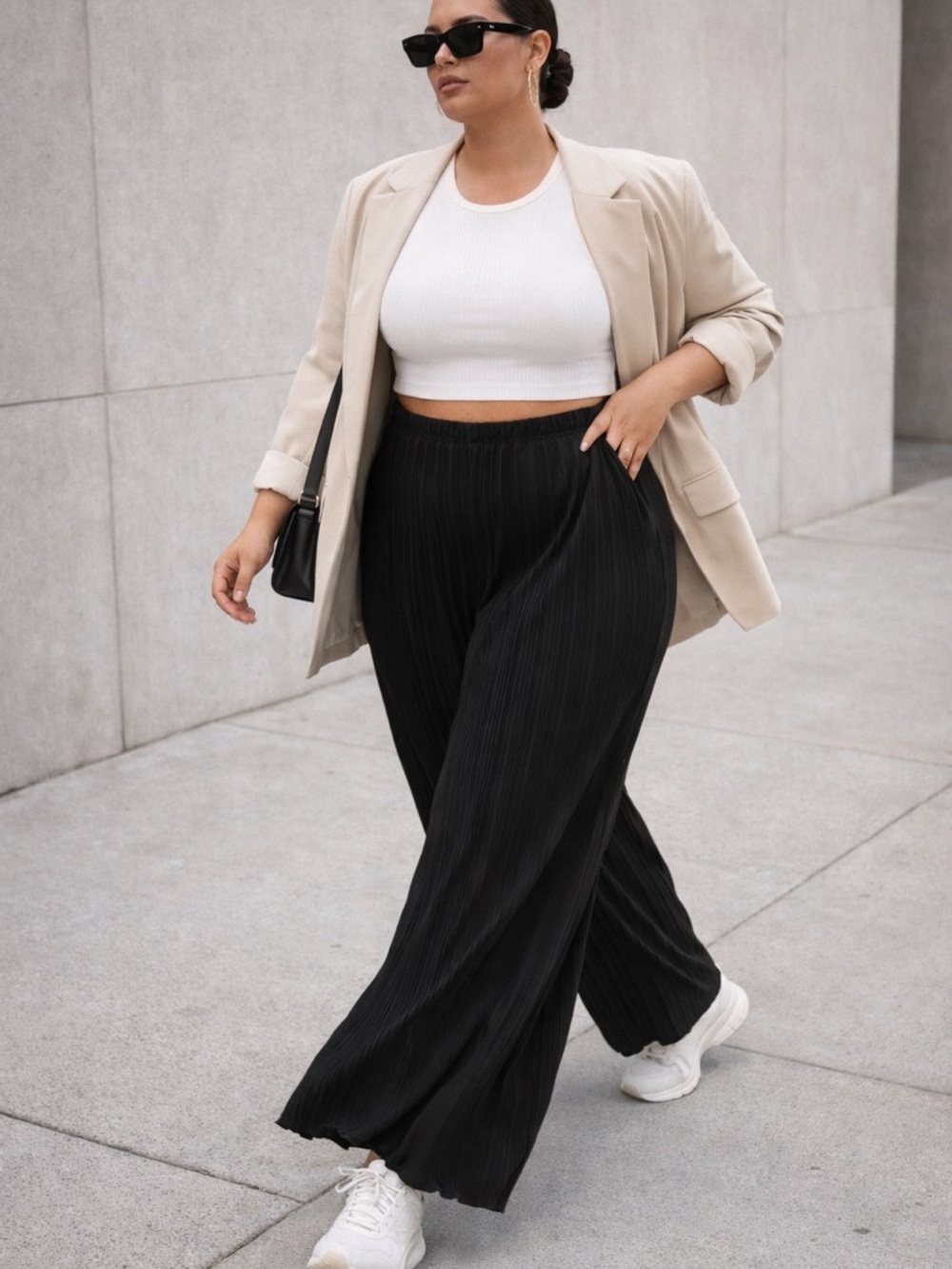 Good American Black Plisse Wide Leg Pants Size 3/4